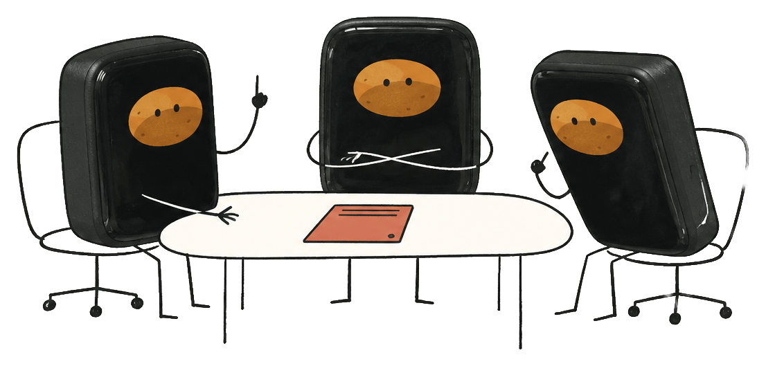 Three desk devices holding a Council meeting at a table