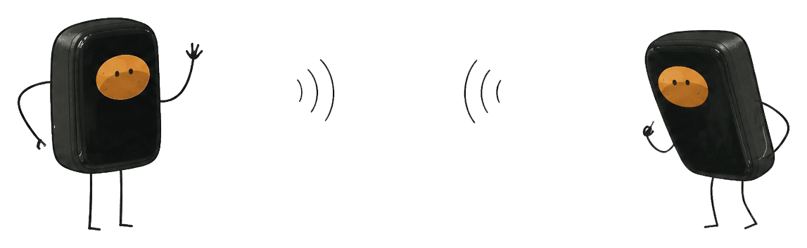 Two desk devices facing each other, joined by faint radio lines