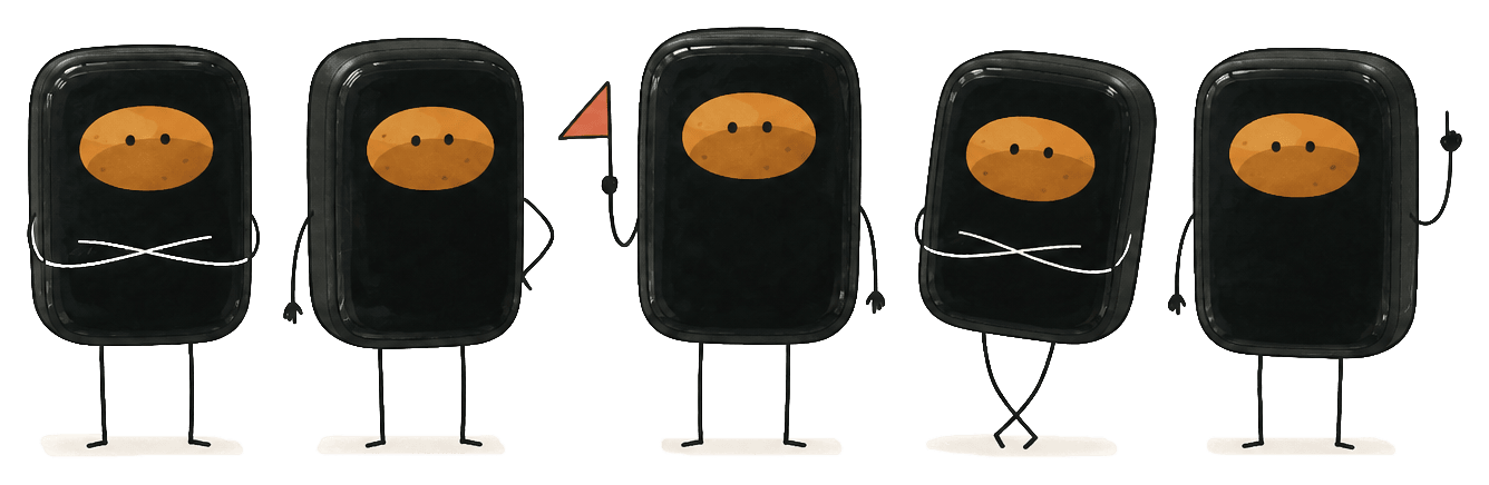 A small group of desk devices standing together in a row